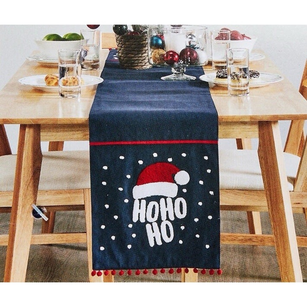 Winter Wonder Lane Santa's Workshop "Ho Ho" Blue Tufted Santa Hat Table Runner